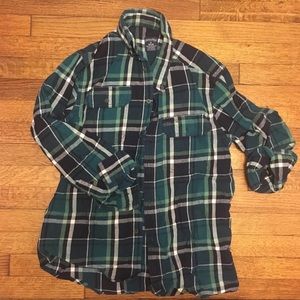 Aqua and Navy plaid flannel button up